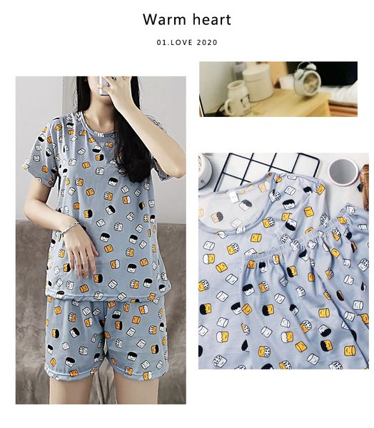

pajamas womens spring and summer thin short sleeve cartoon cute milk silk two piece loose casual suit home wear women, Black;red
