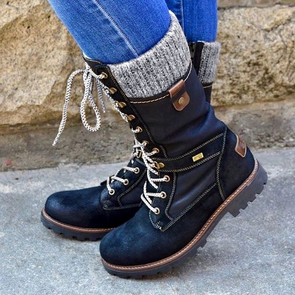 

loozykit winter boots women basic women mid-calf boots round toe zip platform decor female shoes warm lace up boots shoes t200425, Black