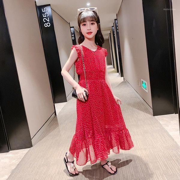 

2020 summer big girls chiffon dress casual polka dot high waist boho long dresses teenage sleevless maxi holiday dress clothing1, Red;yellow