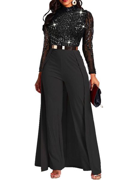 

women's jumpsuits & rompers elegant women party lace appliques patchwork high waist long sleeve swallowtail wedding prom slim overalls, Black;white