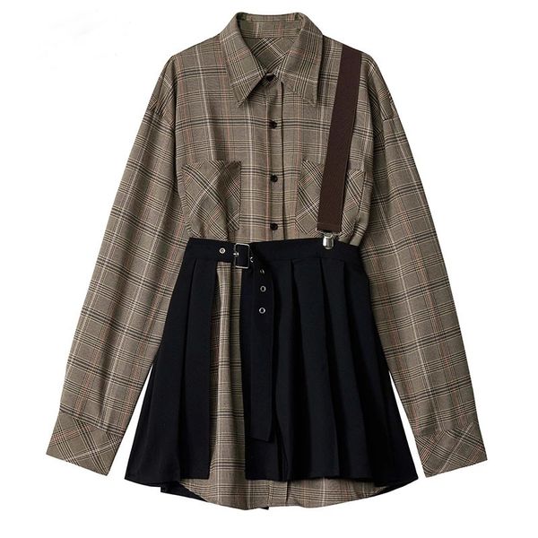 

women plaid pleated split two piece dress new lapel long sleeve loose fit fashion tide spring autumn 2021, White