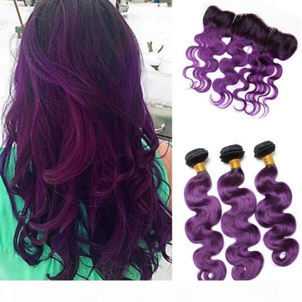 

two tone 1b purple ombre body wave virgin human hair weave 3 bundles with ear to ear full lace frontal closure 4pcs lot, Black;brown