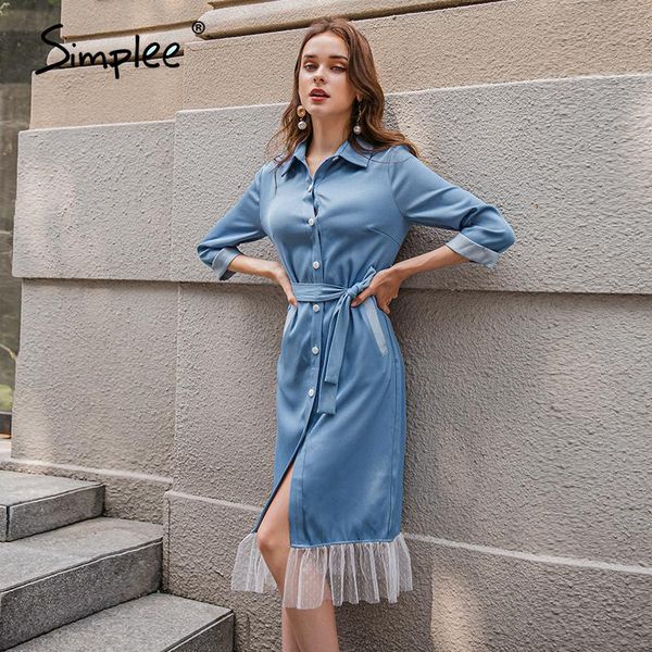 

simplee elegant long women denim dress with belt vintage female splicing denim dress spring autumn slim ladies office 2020, Black;gray