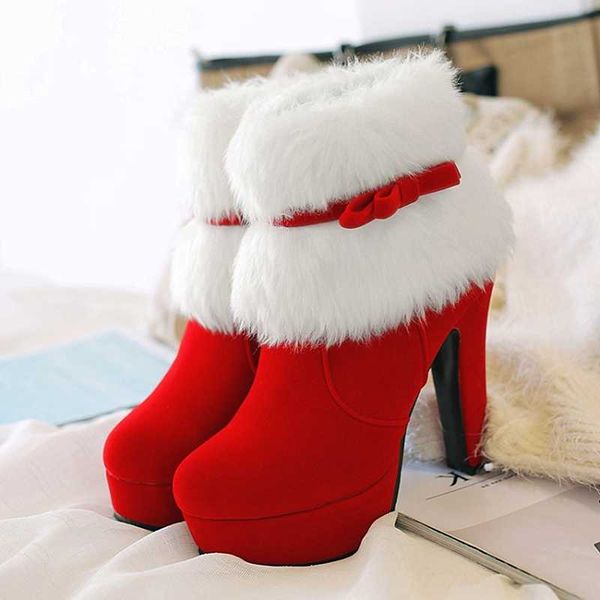 

winter women boots christmas warm ankle boots platform high heels ladies shoes femme short red black large size 34-43