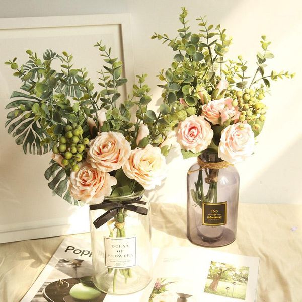 

decorative flowers & wreaths 8cm 3pcs mida eucalyptus rose diy garden bush fake home decoration flower valentine's day present1