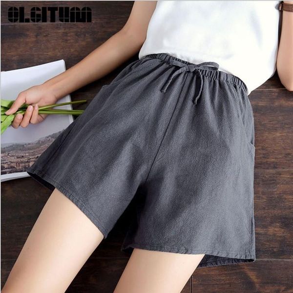 

women's shorts high waist cotton and linen women short pants solid loose elastic large size thin pocket lady wide leg femme, White;black