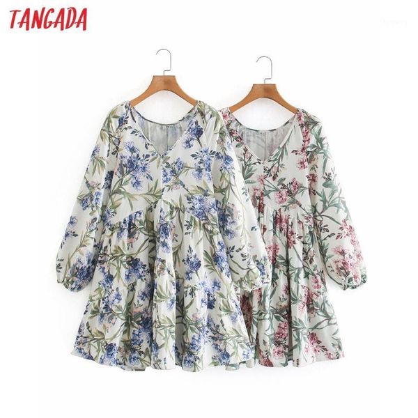 

tangada fashion women green floral print dress 2020 new arrival long sleeve ladies loose dress vestidos xn251, Black;gray