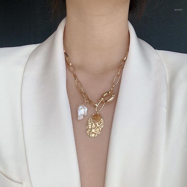 

kmvexo baroque irregular pearl necklaces for women 2020 punk geometric metal pendant clavicle chain necklace wedding jewelry1, Silver