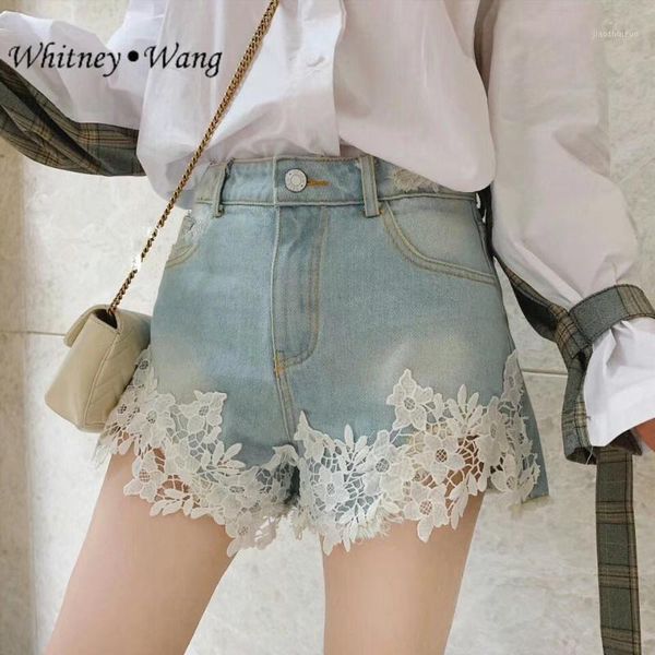 

whitney wang 2021 spring summer fashion streetwear lace patchwork ripped denim shorts women jeans short plus size 5xl1, Blue
