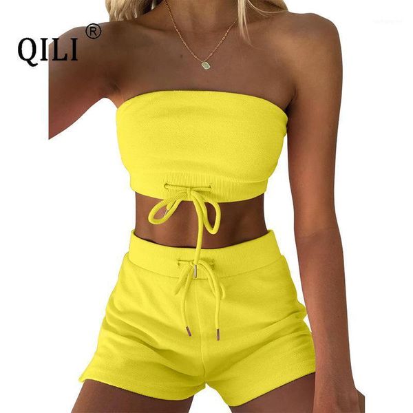 

qili women two piece set outfits rompers 2020 summer sleeveless lace-up 2 piece outfits yellow pink black1, Black;white