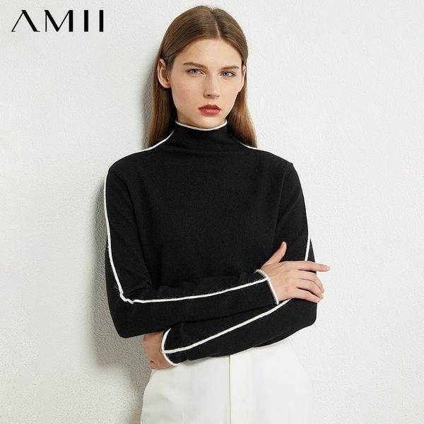 

amii minimalism autumn winter sweater for women causal spliced slim fit women's turtleneck sweaters sweaters for female 12040303 201109, White;black
