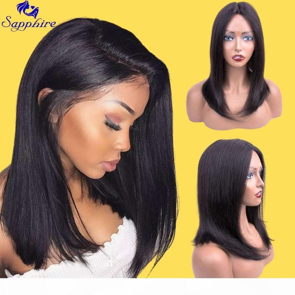 

sapphire 10 12 14 16 inches middle part human lace front wigs remy hair natural hairline bleached knots ing, Black;brown
