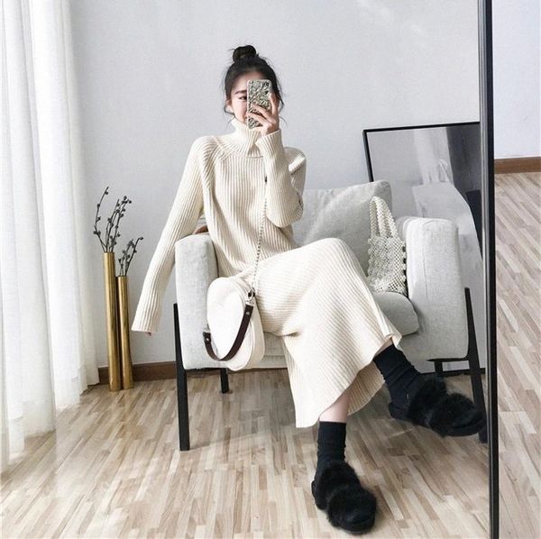 

jxmyy 2020 autumn and winter new loose high collar with coat mid-length over-the-knee pullover sweater knitted dress women #ab0h, Black;gray