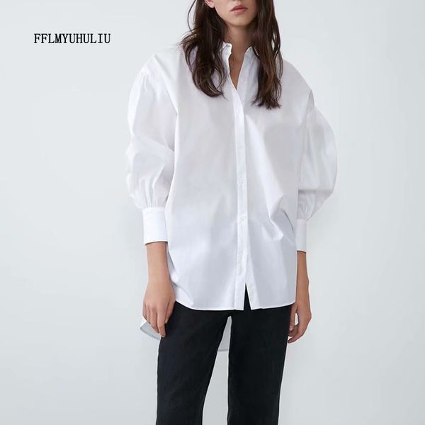 

new fashion solid color women's shirt lapel lantern sleeve seven-sleeve blouse buttons irregular hem long casual loose shirt t200321, White