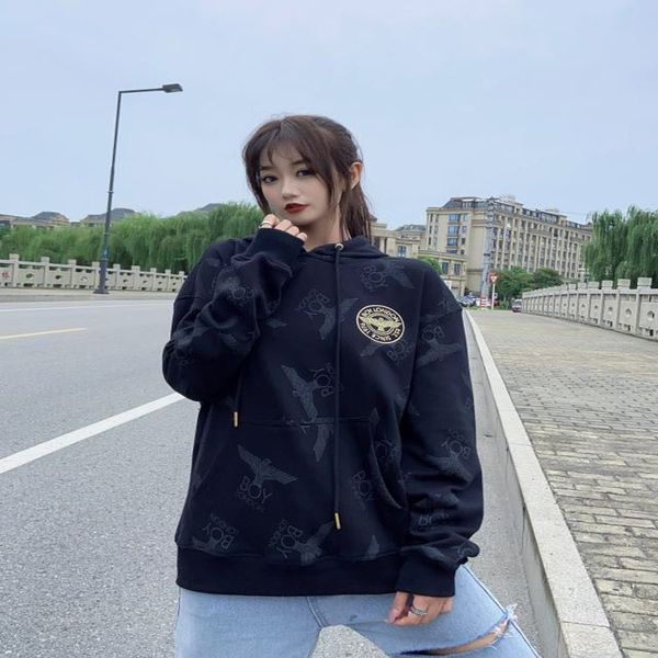 

20s autumn new boy gold embroidery all over print cotton terry hooded sweater for lovers, White