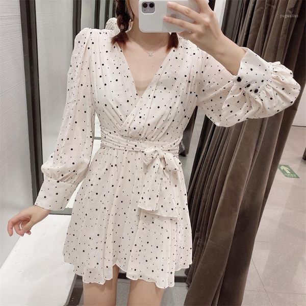 

2020 autumn women new double-breasted v-neck long sleeves with lining and bowknot dress on the front polka dot mini dress1, Black;gray