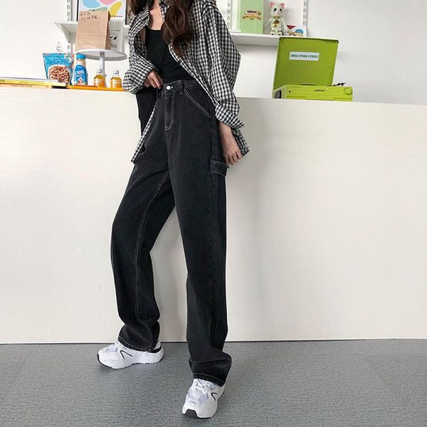 

women's jeans 2021 for women back loose high waist mom large size straight pants long wide leg streetwear, Blue