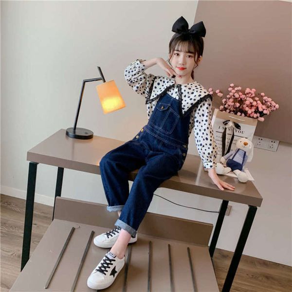 

girls' suspenders suit 5 wtern sle lace dot shirt one piece jeans 2-piece children's wearduov, White;black
