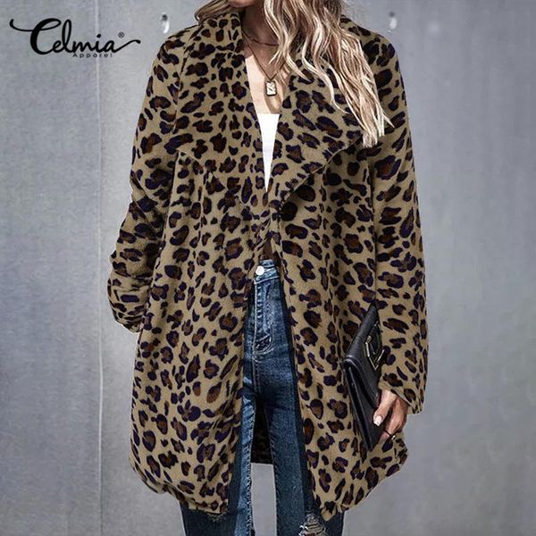 

women winter leopard print fleece coats celmia fashion long sleeve lapel jackets vintage long outerwear 5xl plus size party coat, Black;brown