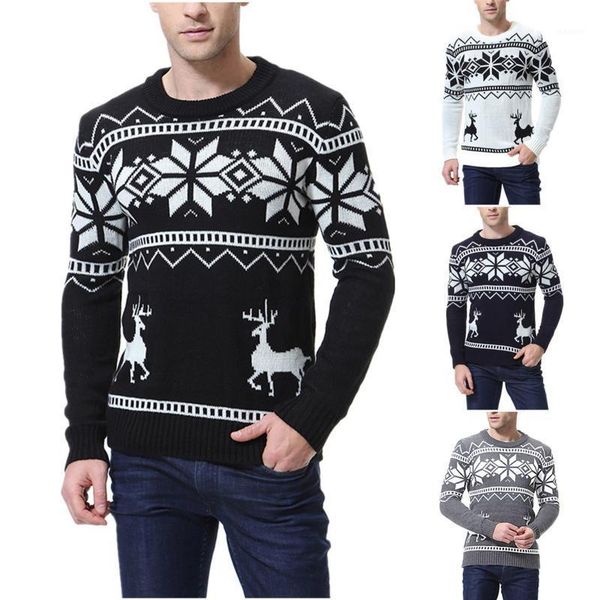 

men's christmas sweater long-sleeve round neck geometric snowflake deer cable crewneck pullover knitwear autumn winter, White;black