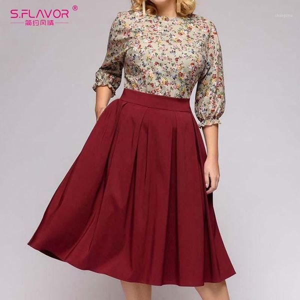 

s.flavor women floral printed patchwork a-line dress plus size elegant o-neck 3/4 sleeve vintage dress women party vestidos1, Black;gray