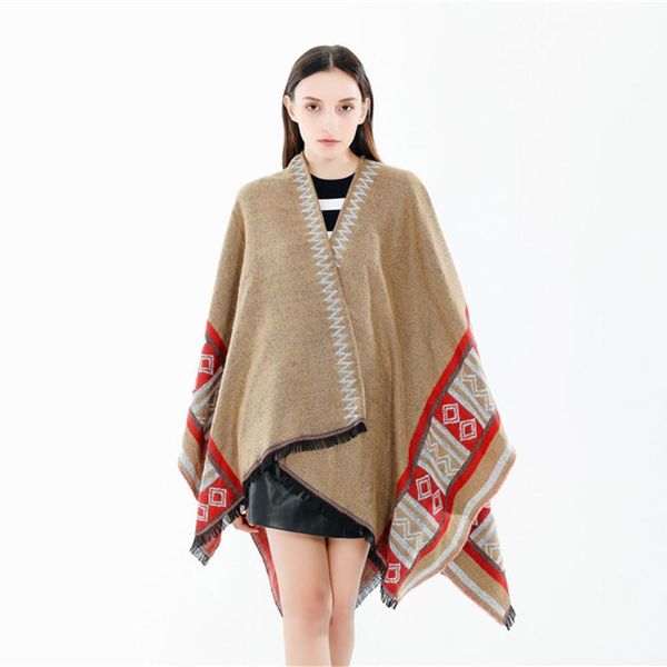 

2020 wind new autumn and winter geometric edge pattern women's warm cape, Blue;gray