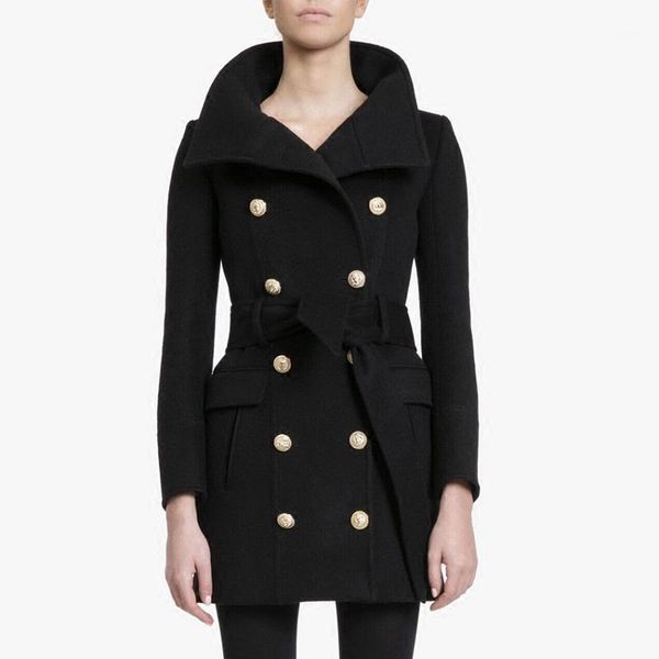 

2020 winter formal women blazer wool blends runway designer double breasted buttons ladies party tweed long jacket coat clothing1, Black