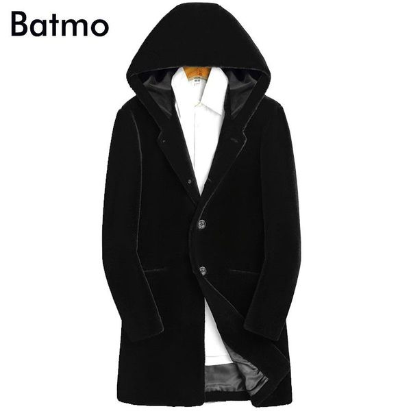 

men's leather & faux batmo 2021 arrival winter thicked wool hooded long parka men,men's coat ,hooded trench men, Black