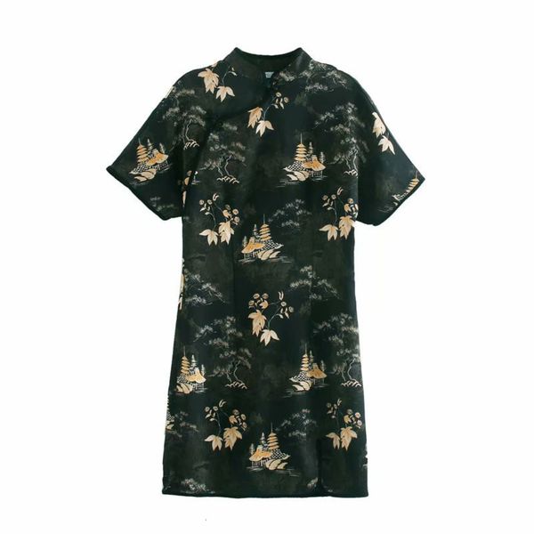 

2020 new slim stand collar fall short sleeve printed chinese style dress for women 8496061, Black;gray
