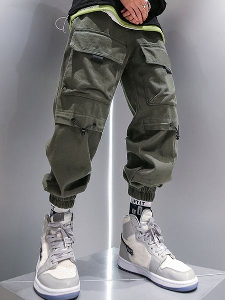 

men flap pocket drawstring detail cargo pants l6dp#, Black