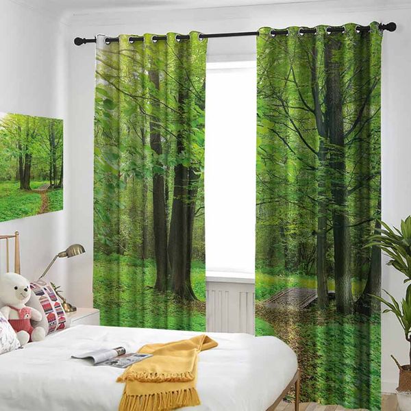 

thermal insulated room darkening window shade summer season forest with flourishing trees grass and pathway tranquil scenery curtain