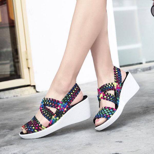 

women sandals 2021 summer woven shoes female thick sole wedge heels platforms shoes colorful retro mother's casual footwear big1, Black