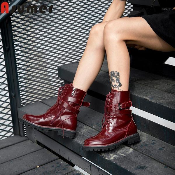 

asumer big size 34-43 fashion genuine leather boots round toe low heels shoes lace up female boots buckle classic ankle1, Black