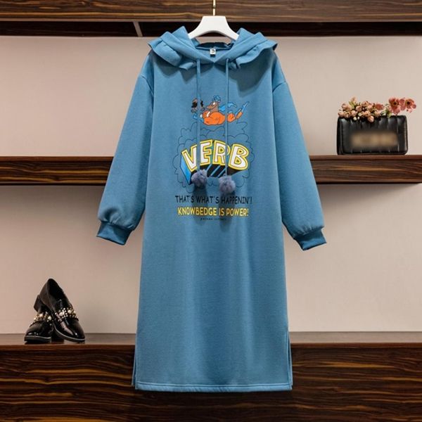 

printed long-sleeved hooded plus fleece sweater dress, Black