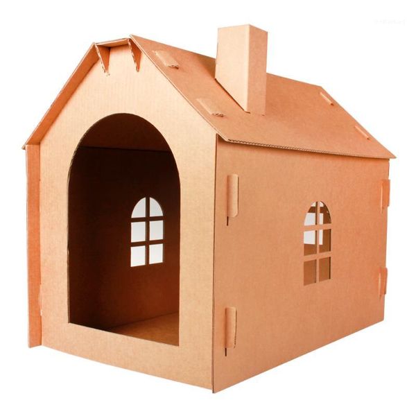Camas de gato móveis de papel corrugado Casa de ninho de brinquedo de papelão de papelão de papelão Diy Kitten House1