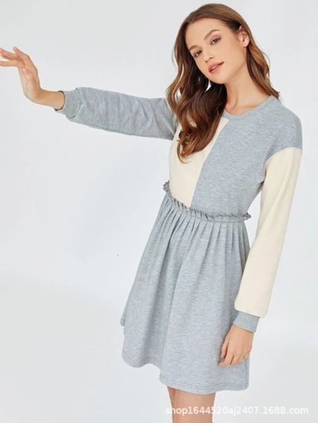 

color wind spring frill slim two round neck long sleeve dress, Black;gray