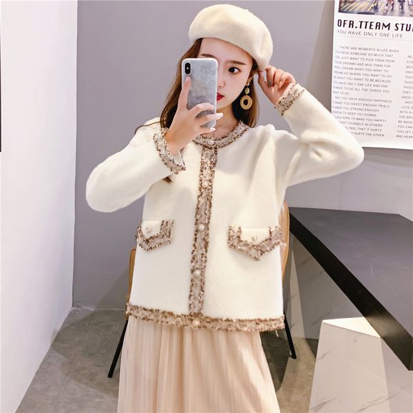 

2021 new autumn vison-like velvet temperament coat around the neck small fragrance sharpening matching color cardigan jacket mgkr, White;black
