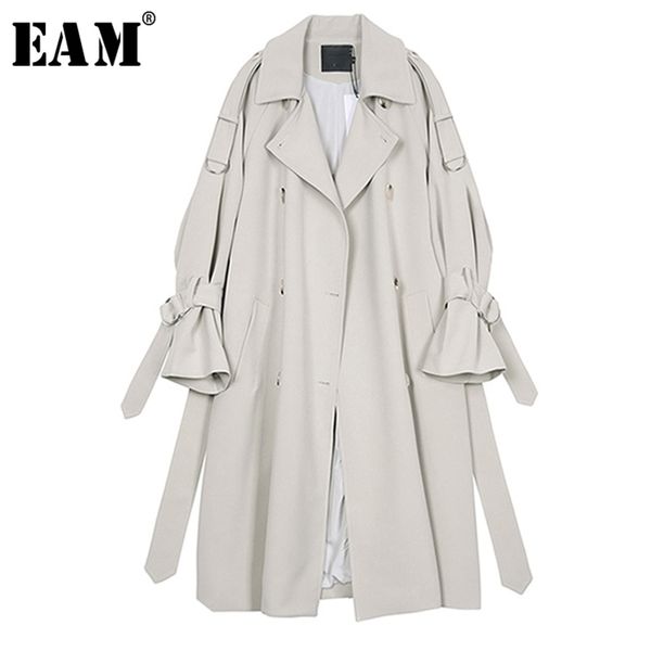 

[eam] 2021 new spring autumn lapel long sleeve gray waist bandage big size long windbreaker women trench fashion tide jr677 201226, Tan;black