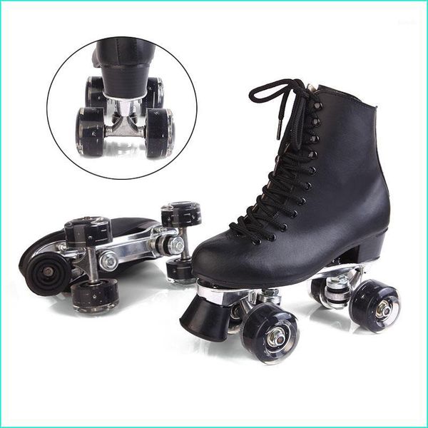 

double roller skates black genuine leather with led wheels two side roller skate patins men skates patins skate shoes1