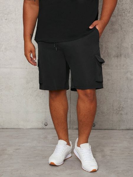 

extended sizes men flap pocket side drawstring waist shorts f0gj#, Black