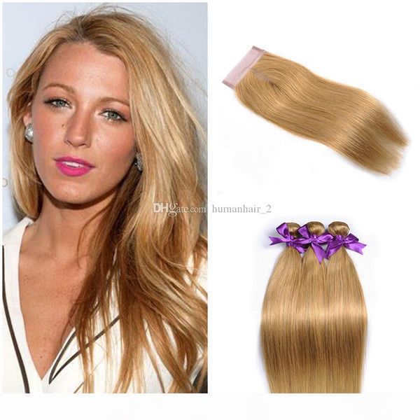 

цвет # 27 honey blonde бразильских волосы плетение связка с закрытием straight человека 3bundle волос с remy шнурок закрытие extensions воло, Black;brown