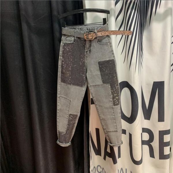 

women's jeans drilling stitching loose pants women's european 2021 spring and autumn fashion retro denim harem pants1, Blue