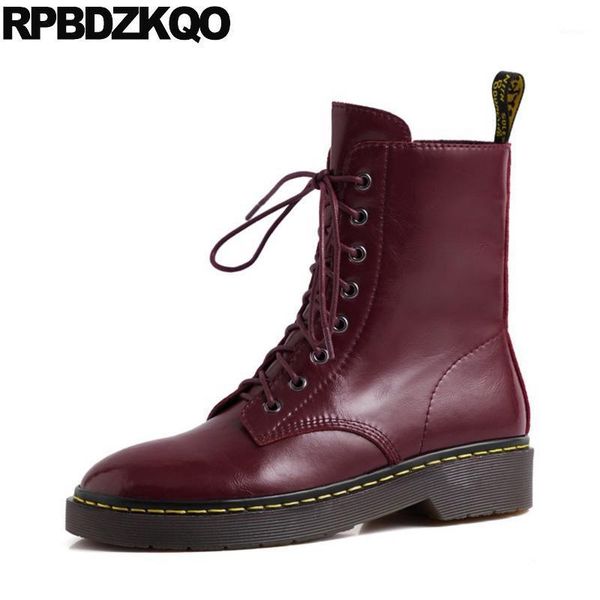 

boots women wine red front lace up casual ankle autumn 10 9 plus size flat big round toe winter fur combat brand shoes1, Black