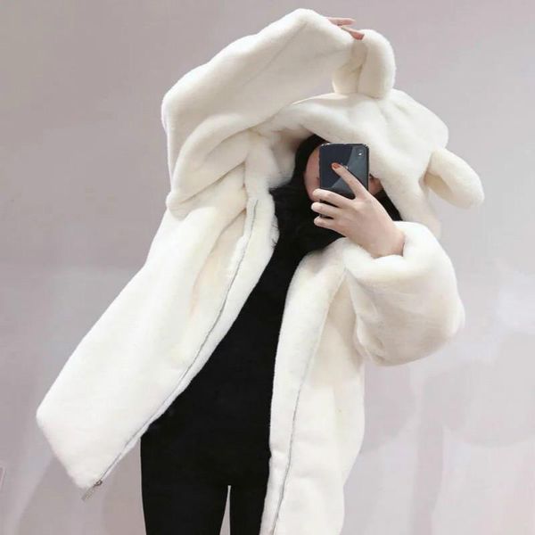 

women's fur & faux jacket winter cute bear ear plush warmth loose mid-length coat women, Black