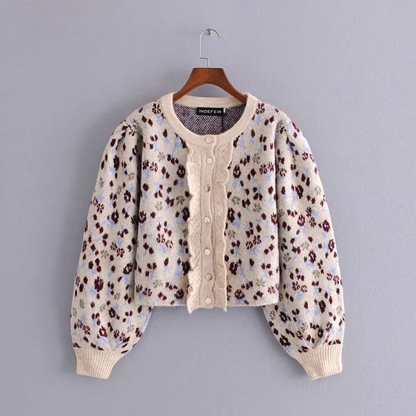 

2021 new new women fashion o neck lantern sleeve print casual short knitting sweater femme ruffles cardigan 49iq, Black;brown