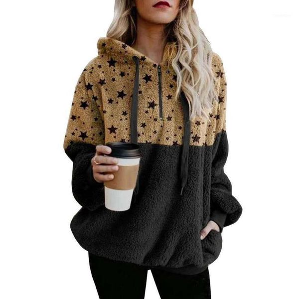 

new women autumn winter zipper pullover star printed pocket coat drawstring warm pullovers 1, Black