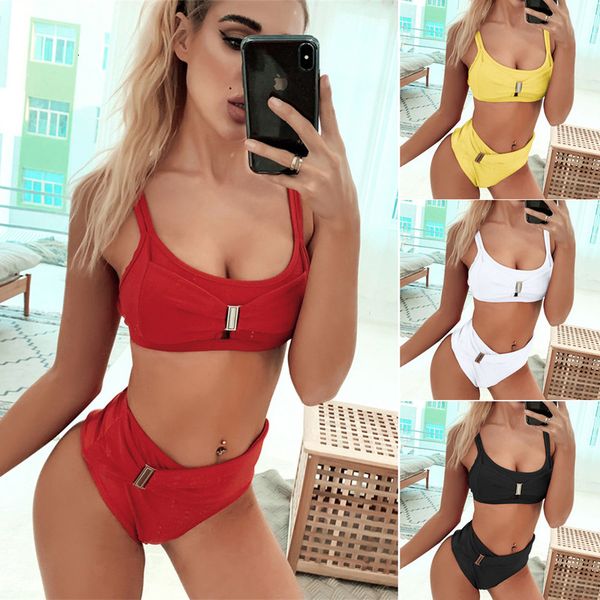 

chanshuang solid women red swimsuit high waist bikini
