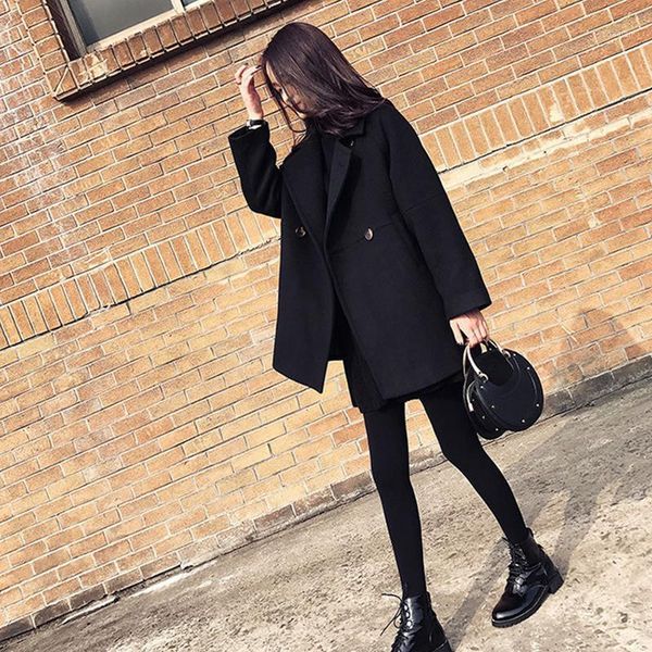 

women's wool & blends autumn winter women coat plus size fashion turn-down collar solid loose woolen for korean black outerwear1