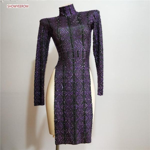

full rhinestone dress lady evening party luxurious purple black stretch long sleeves dress prom birthday celebrate dresses1, Black;red
