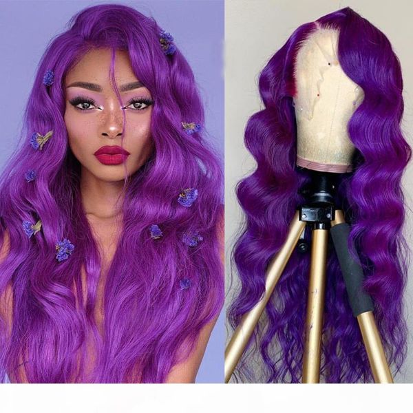 

preferred transparent lace wigs preplucked purple lace front human hair wigs brazilian remy blue yellow loose wave wig for women, Black;brown